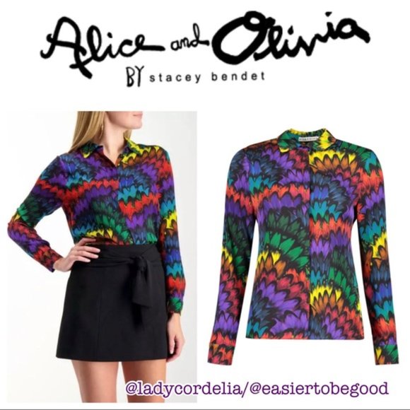 Alice + Olivia WILLA Blouse RAINBOW FEATHERS S - Picture 1 of 7